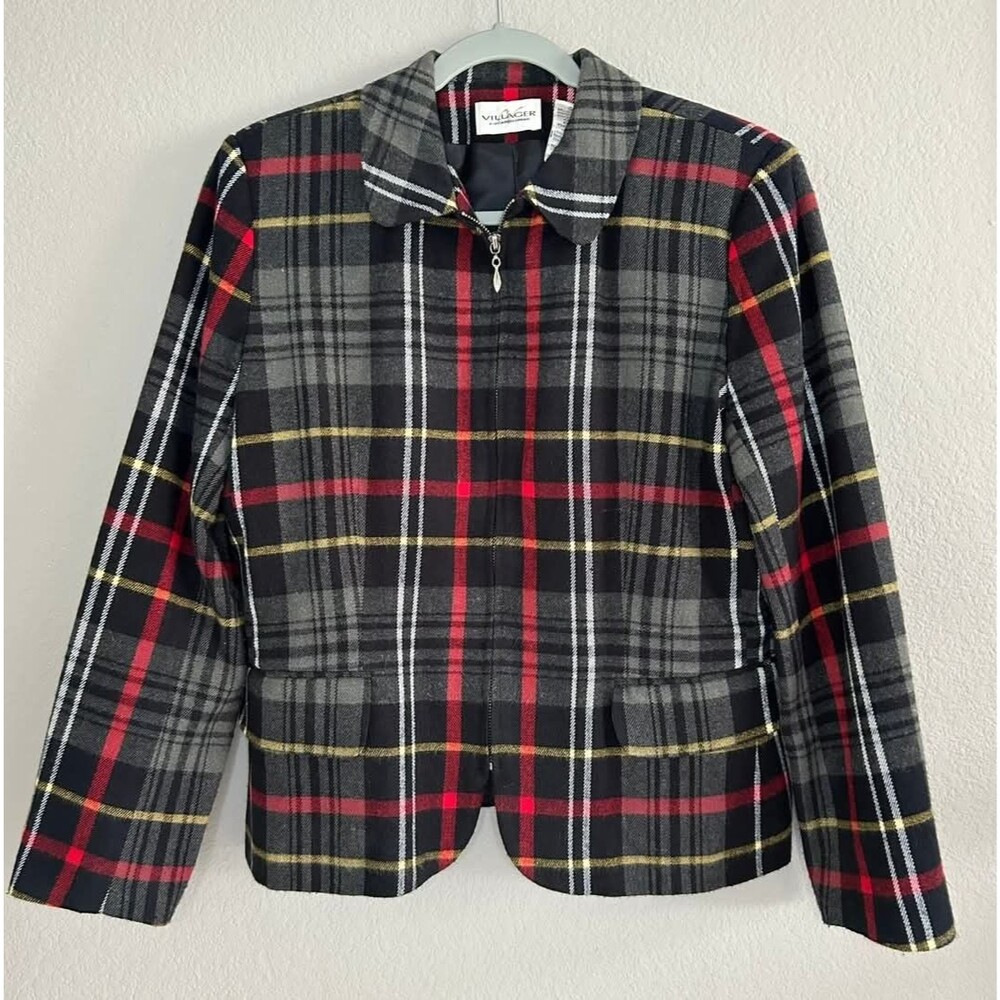 Villager by Liz Claiborne Women’s Vintage Gray Plaid Zip-Up Jacket Fall